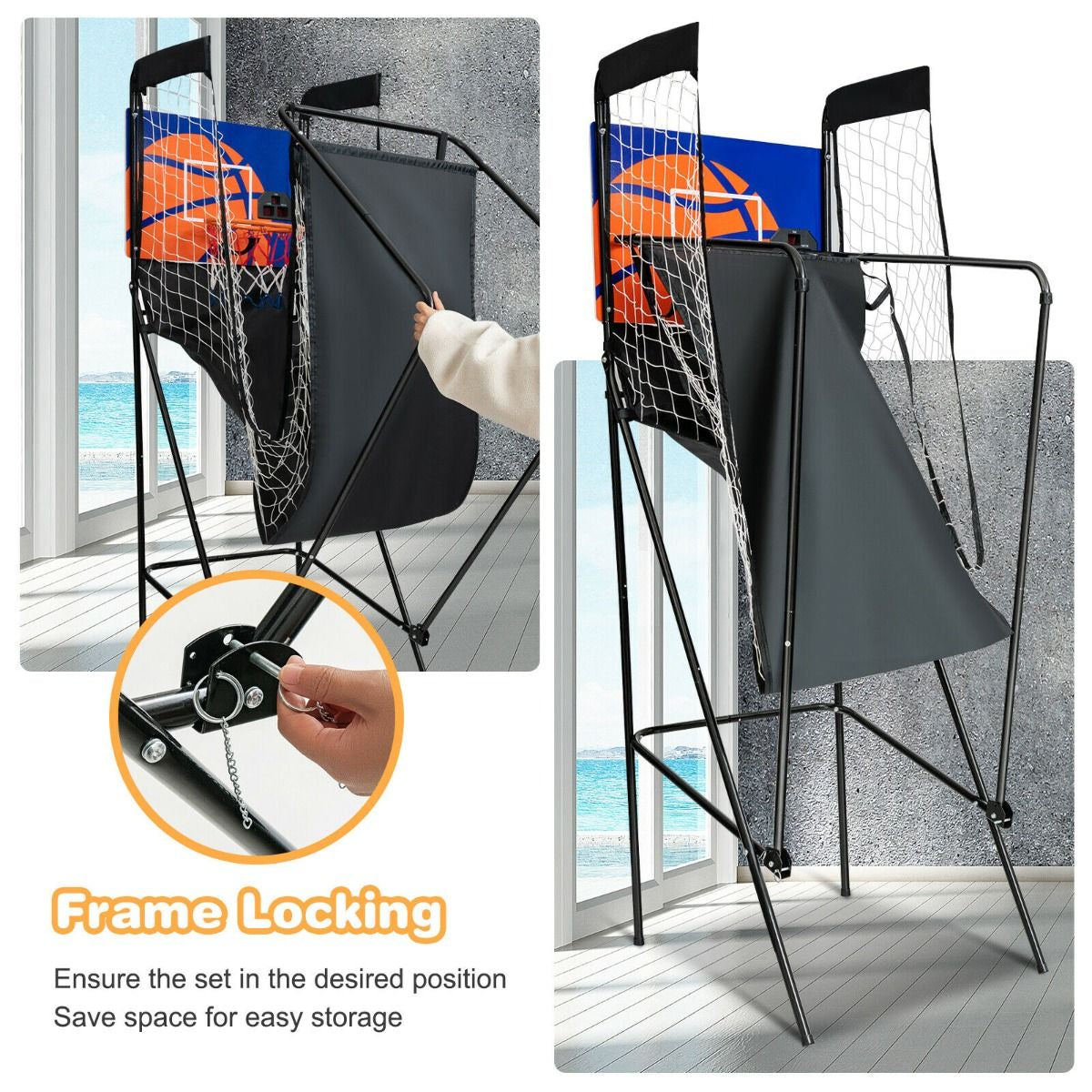 Folding Basketball Arcade Game with Electronic Scorer and Buzzer